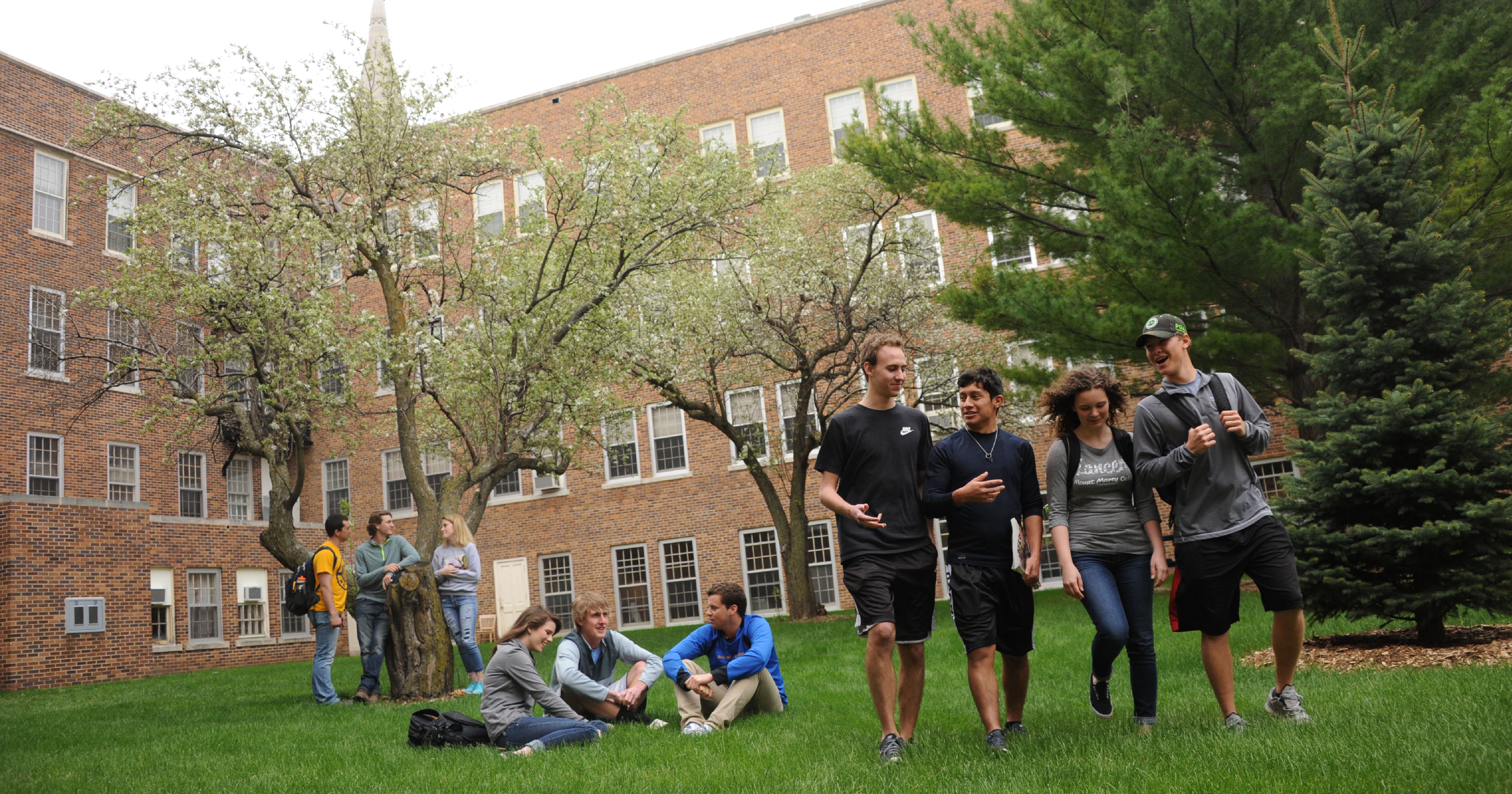 Campus spaces with several students walking around.